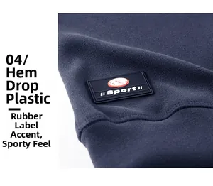 Detail view of navy fleece jacket featuring a durable Sport rubber logo on the lower hemline