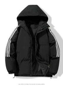 Detail of hooded padded jacket showing iconic three stripes on sleeves and drawstring hem