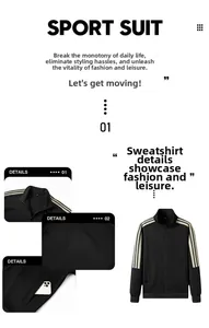 Detail of black sports jacket featuring white triple stripes and deep side pockets