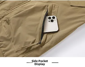 Detail shot of the khaki casual jacket side zipper pocket showing ample storage space