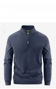 Detail view of navy blue fleece jacket showing quarter-zip collar and soft fabric texture