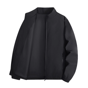 Classic black men's baseball jacket with stand collar and waterproof zipper detail