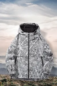 Detail of waterproof outdoor jacket featuring artistic black and white city map pattern