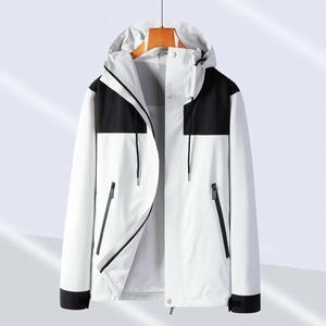 Outdoor waterproof hooded jacket in white and black color-block with windproof fabric