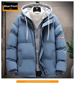 Detail of light blue hooded puffer jacket with elastic cuffs and grey hood lining