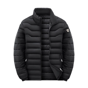 Men's black padded puffer jacket with stand collar and sleeve badge on white background