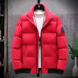 Thick winter puffer jacket for men with a stand collar and red quilted fabric
