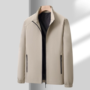 Men's light khaki stand collar casual jacket with black zippers and ribbed cuffs