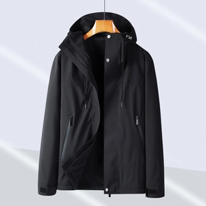 Waterproof black hooded outdoor jacket for men and women with windproof zipper and pockets