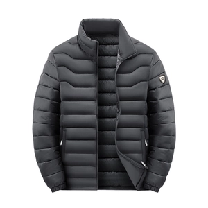 Men's black puffer jacket with stand collar and decorative arm badge in a stylish slim fit