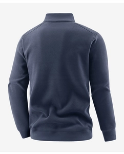 Back view of a deep blue thermal fleece jacket featuring windproof stand collar and elastic cuffs