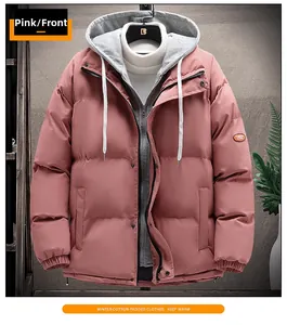 Pink hooded padded jacket with grey faux two-piece design and windproof ribbed cuffs