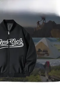 Detail der locker sitzenden Bomberjacke in Schwarz mit New York Stickerei und Rippbündchen