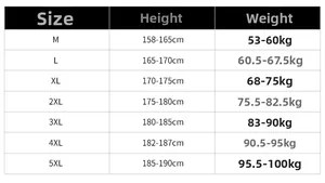 Size guide table for men's sports tracksuit covering heights 158-190cm and sizes M to 5XL