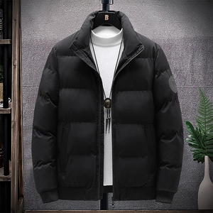 Men's black quilted winter jacket with stand collar and loose fit for cold weather