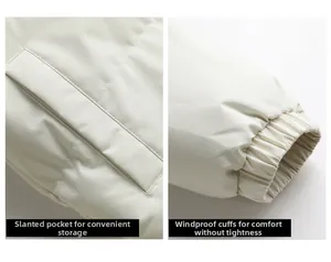 Detailed view of elastic windproof cuffs and side pockets on thick winter puffer jacket