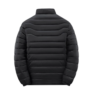 Mens black puffer jacket with stand collar and parallel quilting shown from the back view