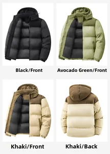 Detail view of hooded puffer jacket with corduroy patchwork and matte nylon fabric