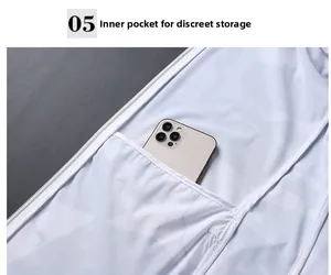 Close-up of internal zipper pocket on light blue sun protection jacket for phone storage