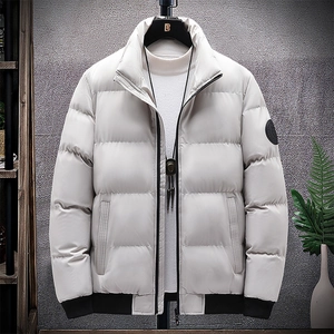 Men's light gray thick stand collar winter jacket with quilted design and black ribbed cuffs