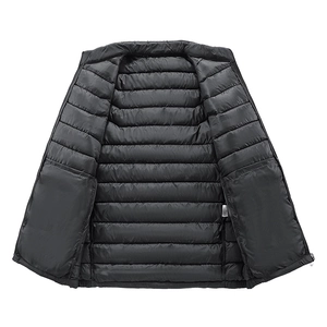 Men's black quilted down vest with stand collar and functional inner pockets for winter