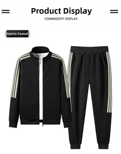 Flat lay of black men's tracksuit featuring white side stripes and full-zip jacket details