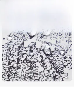 Close-up of waterproof functional fabric with vintage map print and rolling water droplets