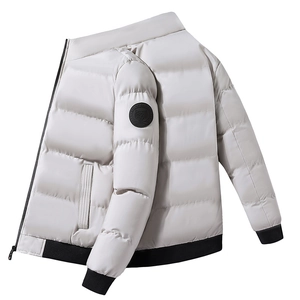 Thick light gray winter puffer jacket for men with a stand collar and sleeve badge