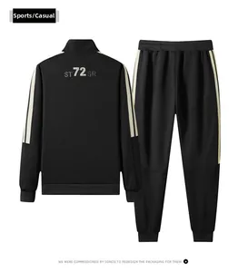 Detail of black sports tracksuit with zipper jacket, ribbed cuffs and three-stripe design
