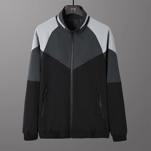 Men's casual stand collar jacket with modern grey color-block patchwork and zipper