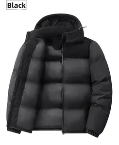 Detail of men's winter hooded jacket with black corduroy patchwork and matte texture