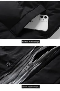Detail of a black hooded parka featuring practical side pockets and smooth metal zipper