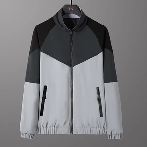 Men's casual sport jacket with tri-color block design and classic stand collar