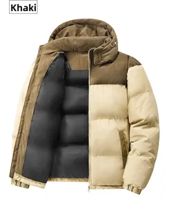 Detail view of khaki winter jacket featuring corduroy splicing and insulated hood