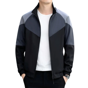 Men's casual patchwork jacket with standing collar and grey color-block design