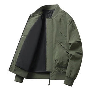 Men's olive green bomber jacket featuring a classic flight design with zip sleeve pocket