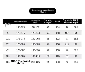 Detailed size chart for outdoor jacket ranging from size L to 6XL with measurements
