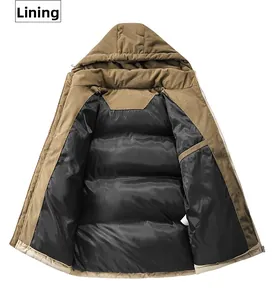 Detail view of corduroy winter jacket lining with internal pocket and quilted black fabric