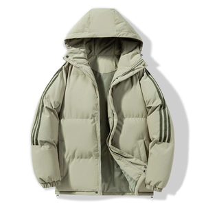 Unisex Sporty Hooded Padded Jacket Linen Fabric Three Stripes Design Thickened Warm Winter Outerwear Casual Puffer Coat