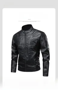 Close-up of black PU leather motorcycle jacket featuring stand collar and textured details