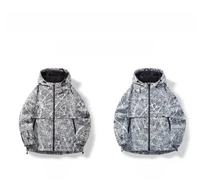 Detail view of hooded windproof jackets with full city map print in white black and blue