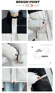 Detail views of color-block winter jacket showing stand collar, cuffs and secure pockets