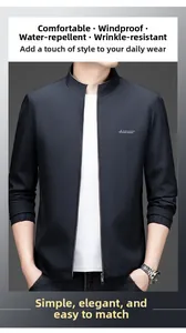 Detail of windproof and water-repellent fabric on men's black stand collar jacket