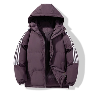 Men's dark purple padded hooded jacket with white triple stripes on sleeves