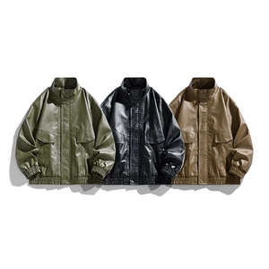 Veste en Cuir PU de Moto Rétro Américaine pour Hommes Bomber Décontracté Large avec Col Montant et Grandes Poches Manteau d'Automne