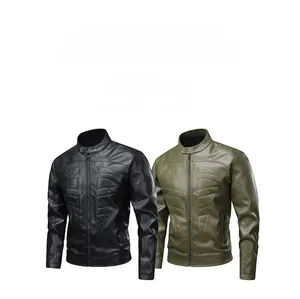 Detail view of black and green faux leather jackets with stand collars and zip closure
