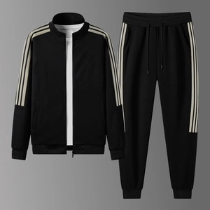 Men Sporty Polyester Tracksuit Stand Collar Zipper Jacket And Pants Top And Bottom With Stripes Decoration For Casual Outdoor