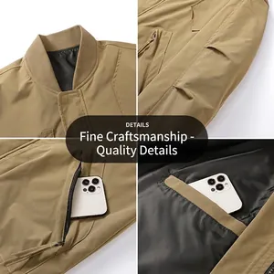 Multi-view of khaki men's bomber jacket featuring ribbed collar and functional zipper pockets