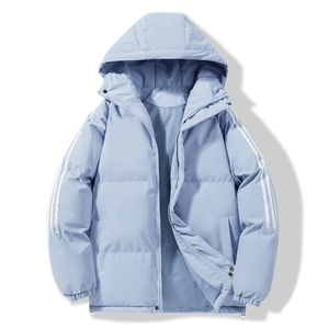 Light blue hooded puffer jacket with triple white stripes on sleeves and zipper closure