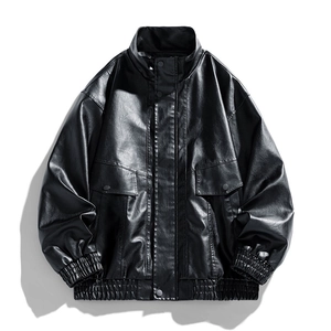 Veste oversize en cuir PU noir pour homme avec poches cargo et col montant